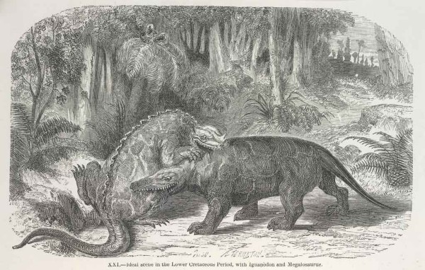 The World before the Deluge - caption: 'Dinosaurs fighting'